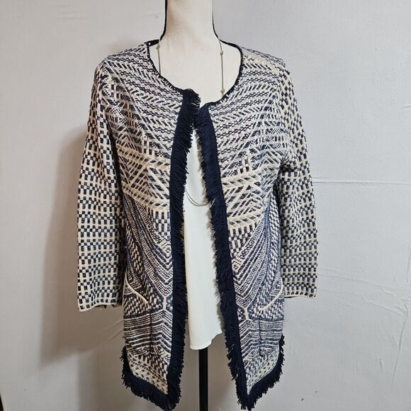 LUCKY BRAND  cream&blue tweed fringe trim open front boho cardigan womens size M - Picture 1 of 14